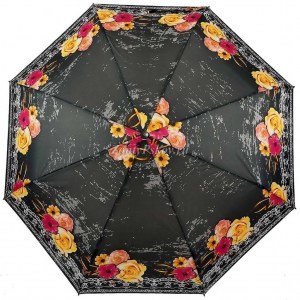 Зонт  Rain Proof черный с цветами, механика, 3 сл., арт.1055-2